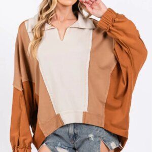 Colorblock Collared Pullover Sweatshirt for Boutiques Trendy Neutral Tones Sweat